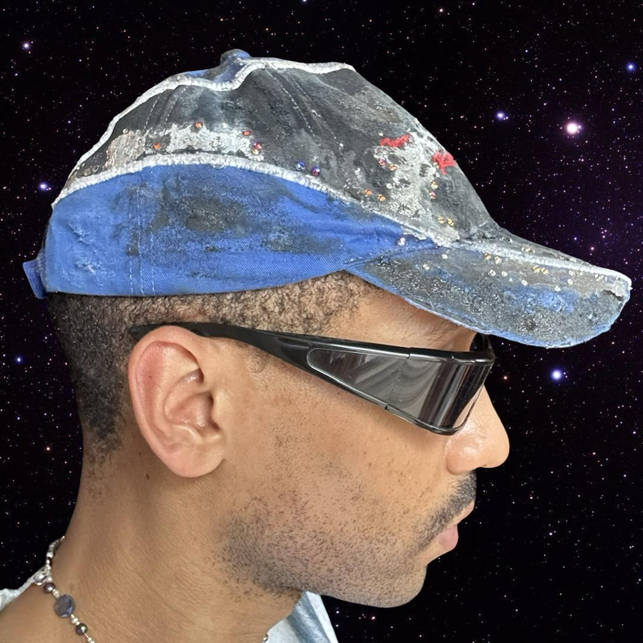 ASTROBOI* 'Racing' Black & Blue Distressed Rhinestone Hat  - left