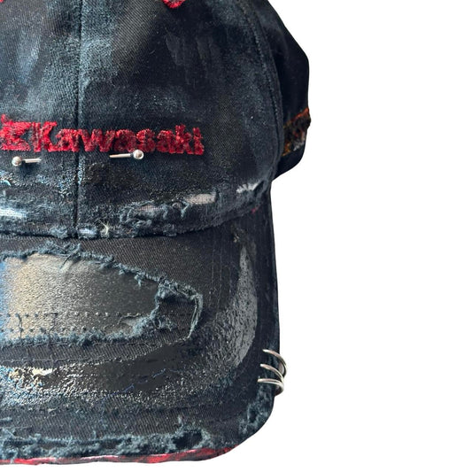 ASTROBOI* x Kawasaki 'Kink' Black Pierced Distressed Hat - flat right 