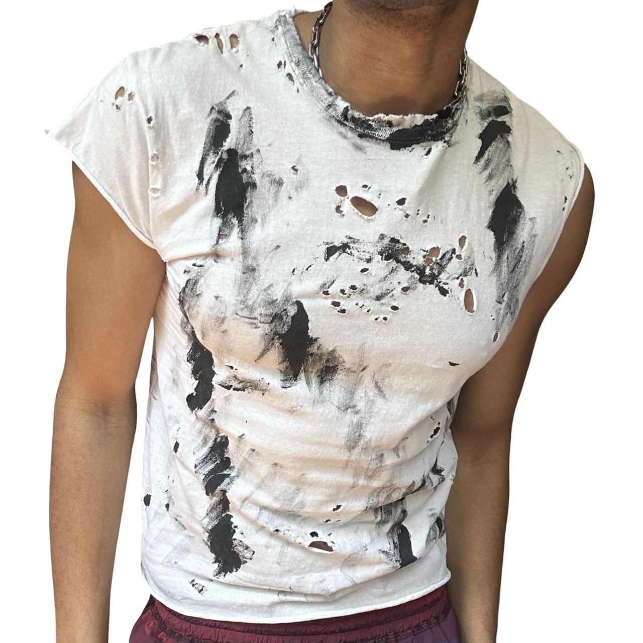 Hanes White Painterly Ripped Hybrid T-shirt Tank - front detail 
