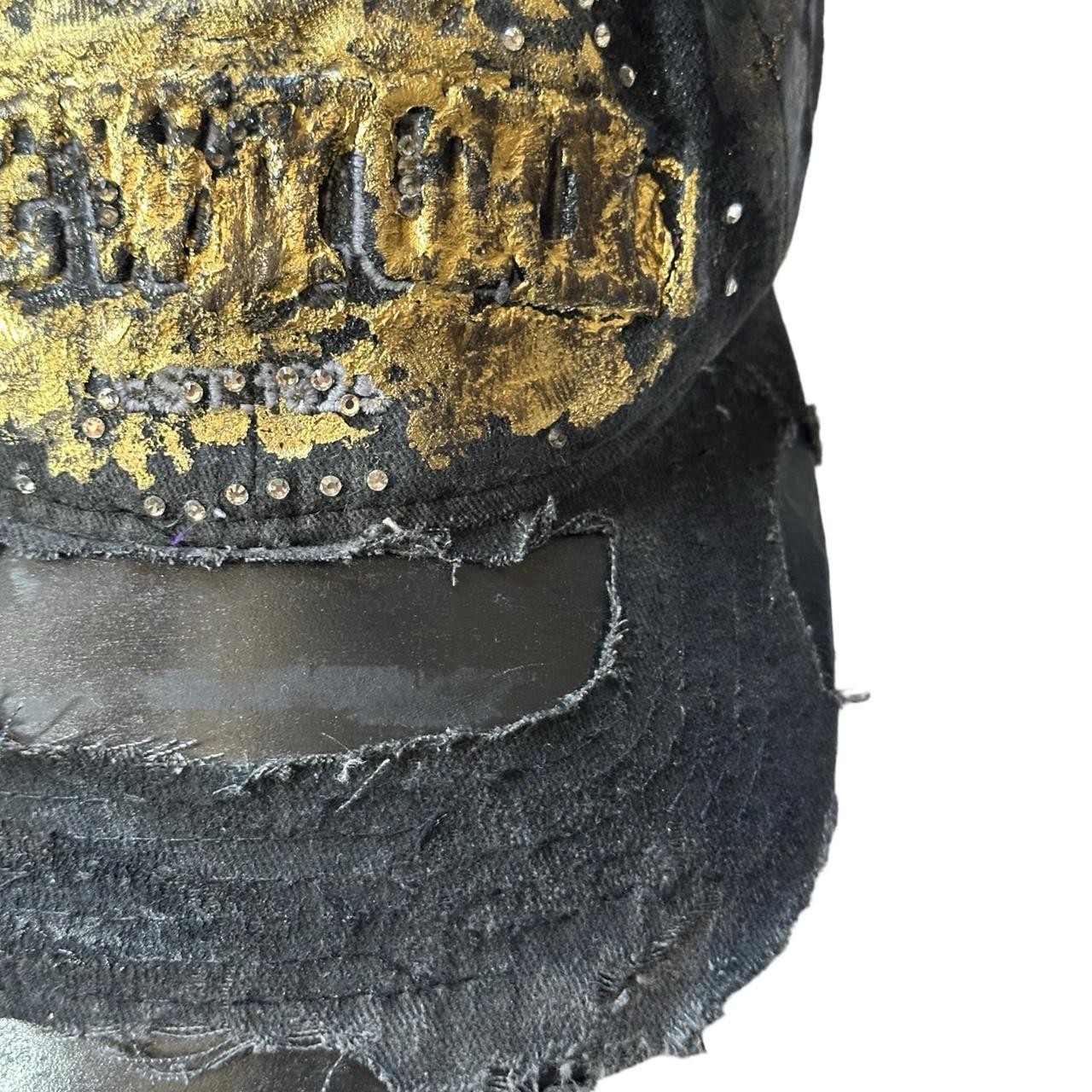 ASTROBOI* Brooklyn 'Gold Brick' Rhinestone Distressed Black Hat - flat front detail 