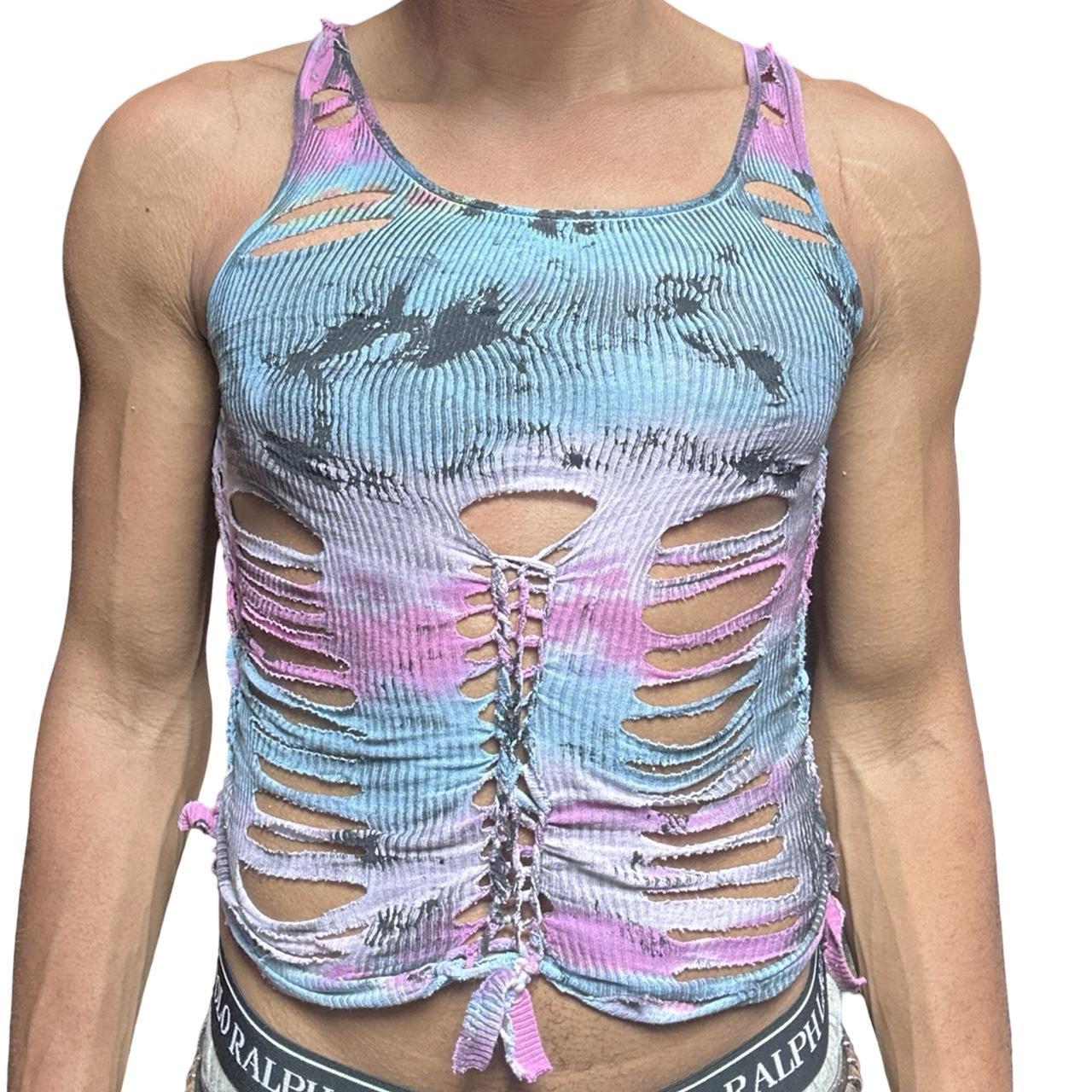 ASTROBOI* Blue and Pink Tie Dye Braided Twist Tank Top – front 3