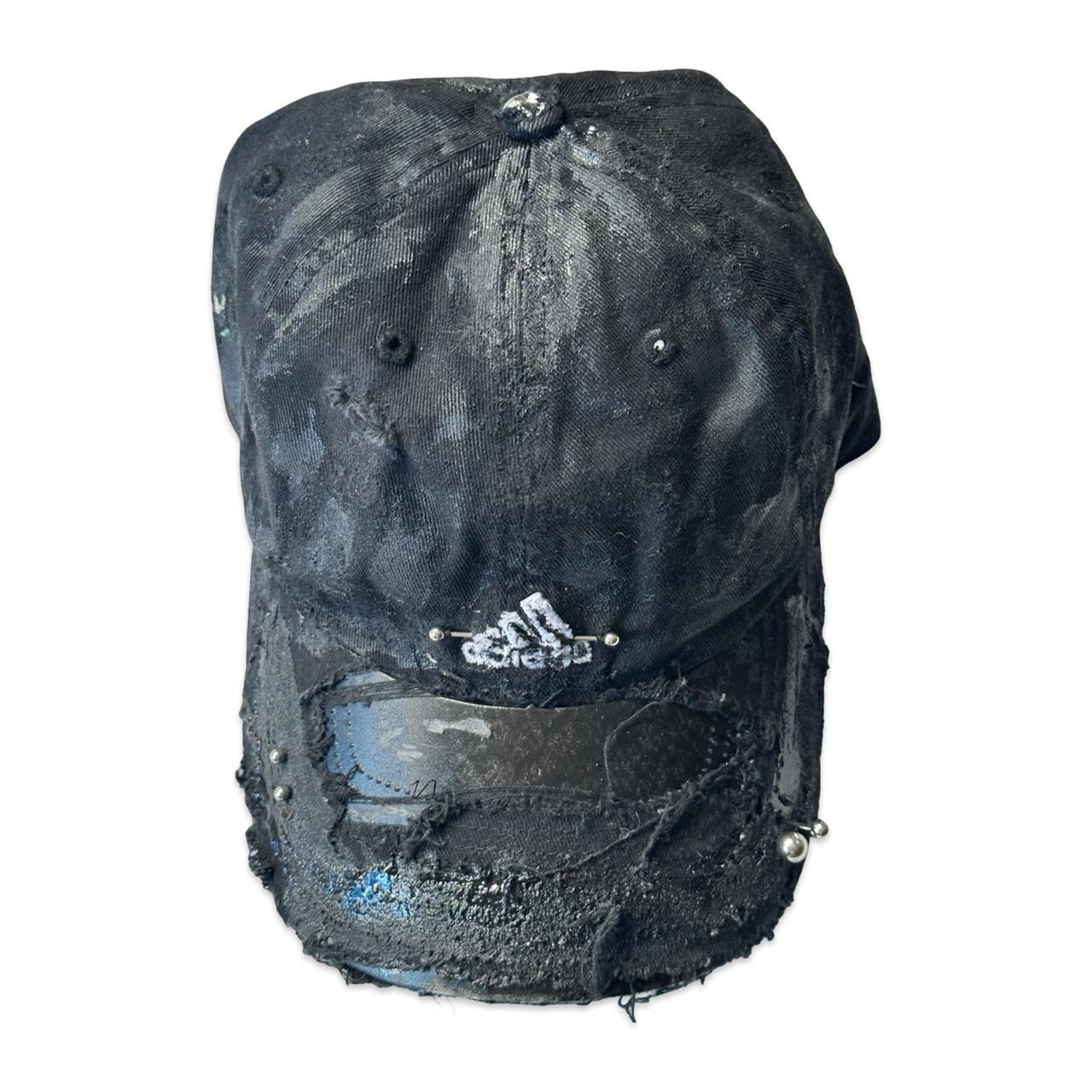 ASTROBOI* x Adidas 'Kink' Black Distressed Pierced Hat - flat front 