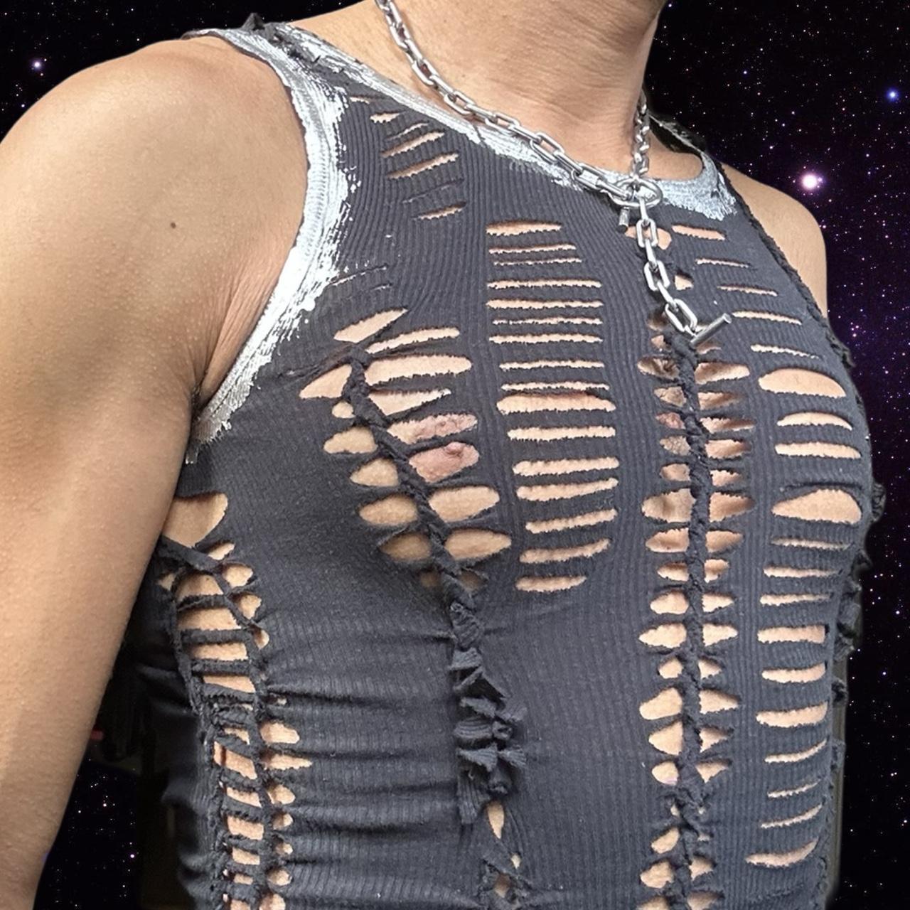 ASTROBOI* 'Zinc' Silver Foiled Black Braided Tank - front detail 