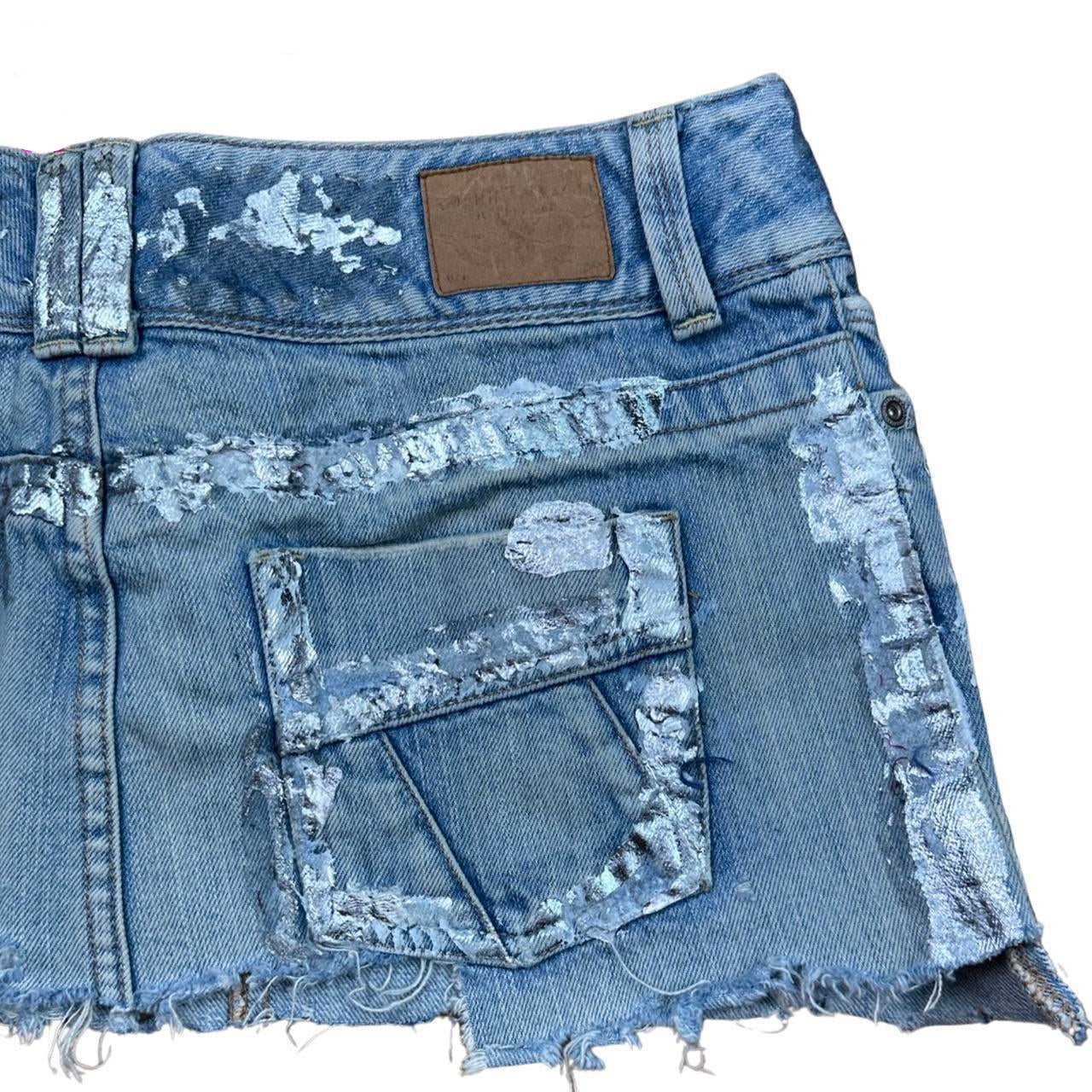 ASTROBOI* Y2K Silver Foiled Blue Denim Mini Skirt - flat back right 