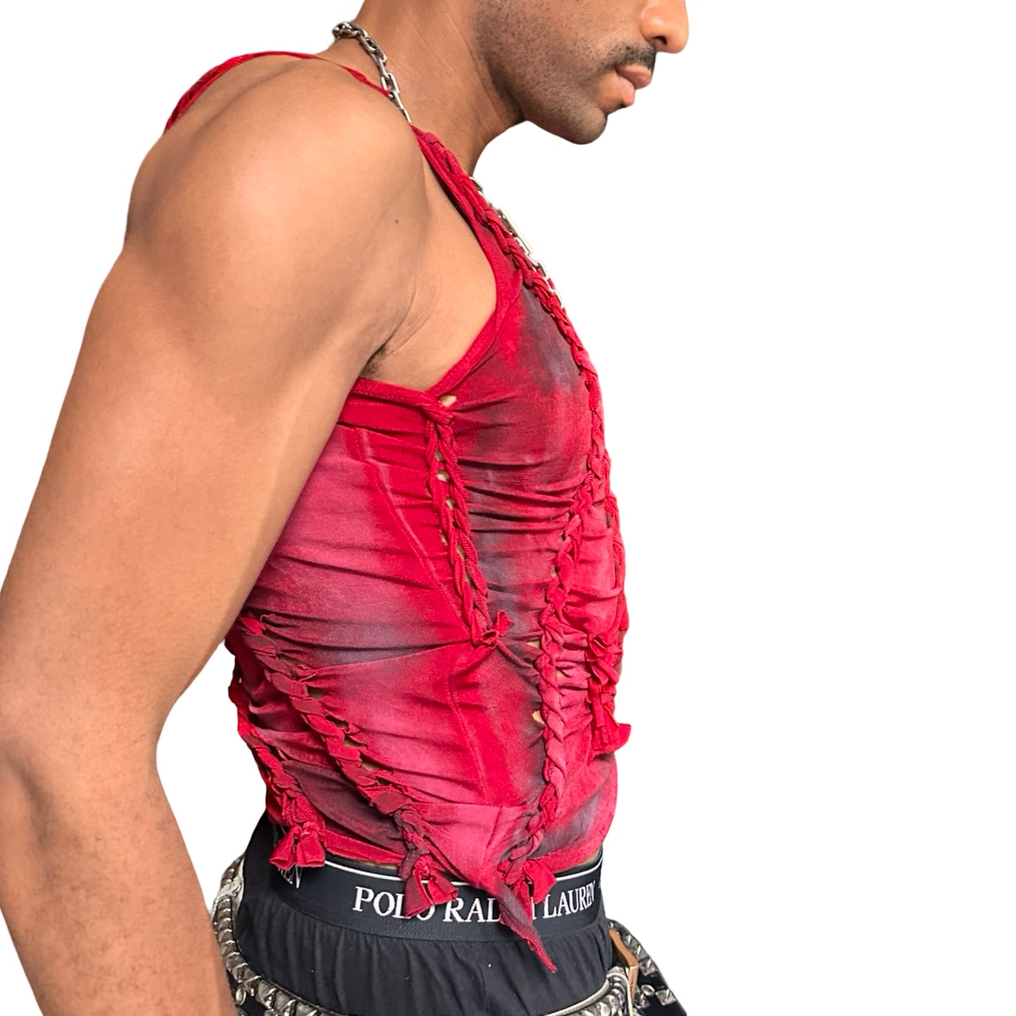 Red braided and knotted festival sleeveless tank top - right 
