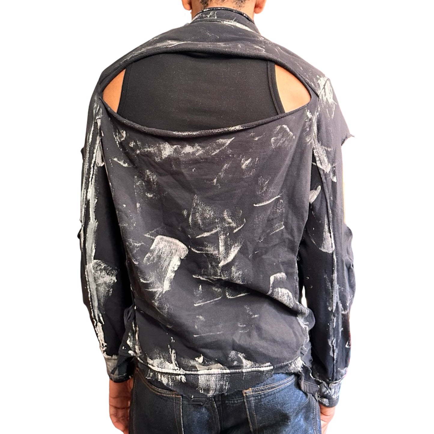 Back view of ASTROBOI* navy & white deconstructed zip-up sweatshirt with cut outs and paint details. One-of-a-kind handmade NYC streetwear in XL.