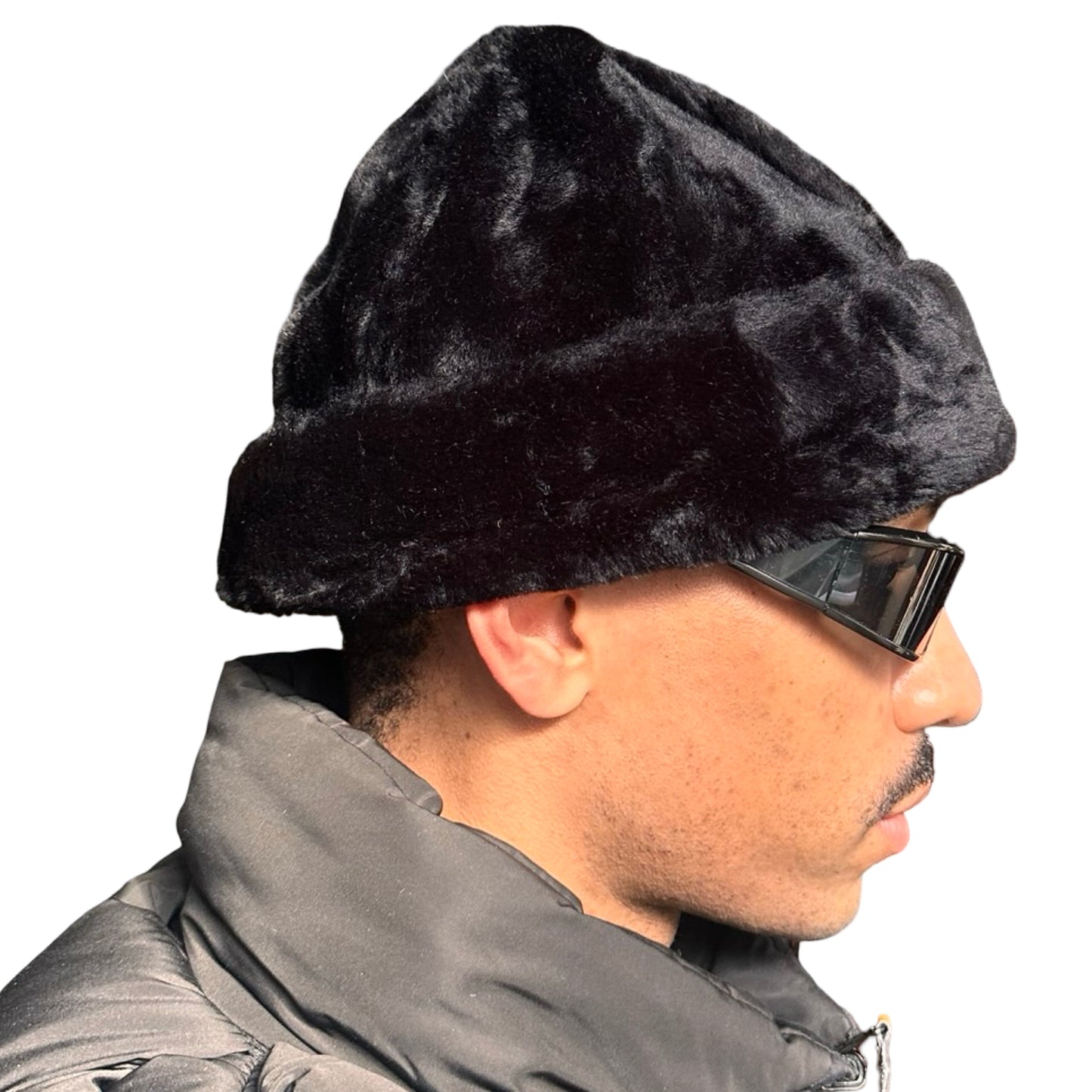 Right side of Vintage black faux-fur winter hat with plush vegan fur and rounded silhouette, shown in great condition.