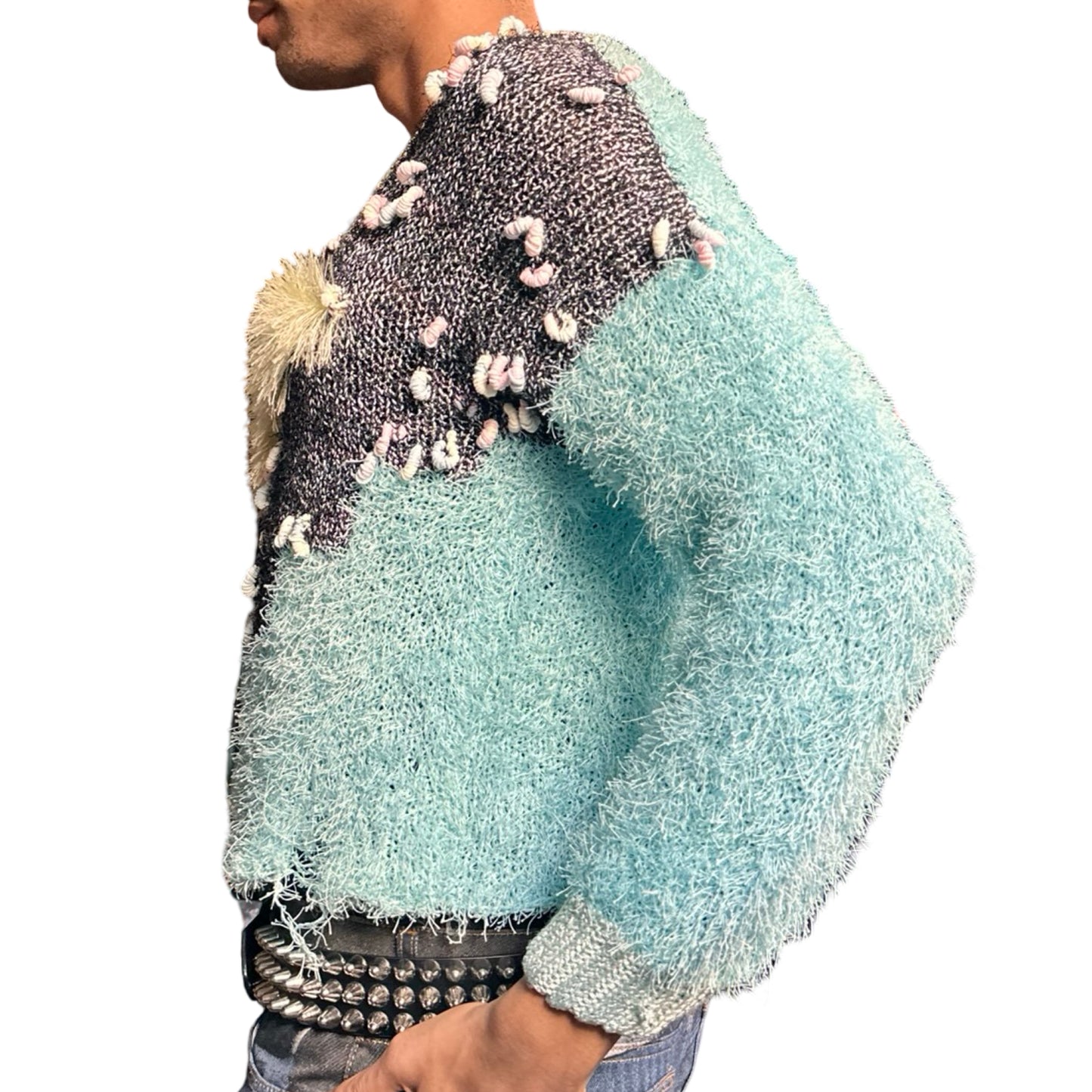 Vintage blue and yellow hand-knit granny sweater with crescent yarn accents and boxy cropped fit, size XL. Left 