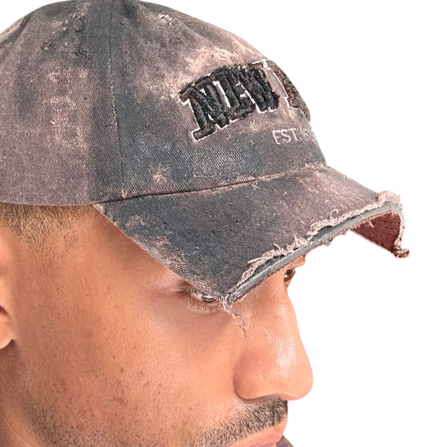 ASTROBOI* NEW YORK 'Joe Dirt' Brown & Black Distressed Half Visor Hat - left detail 