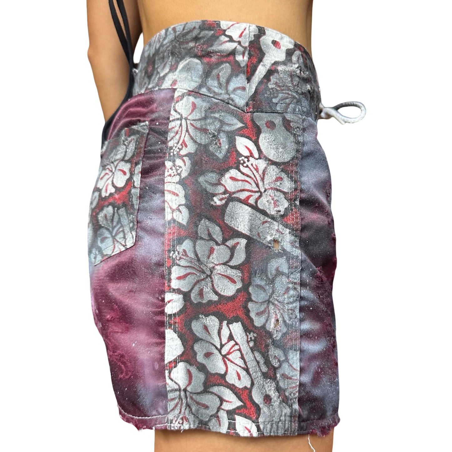 ASTROBOI* Y2K Women's Maroon Hibiscus Nylon Grunge Board Shorts –  right 