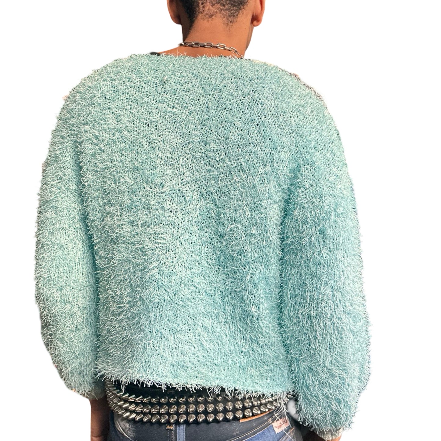 Vintage blue and yellow hand-knit granny sweater with crescent yarn accents and boxy cropped fit, size XL. back 