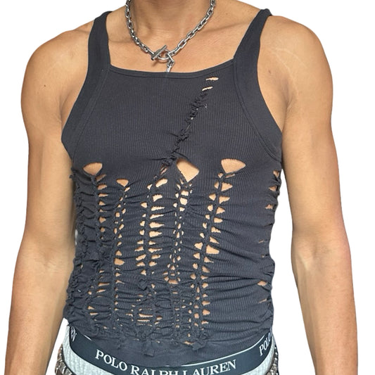 ASTROBOI* 'ABSTRACT' Black Braided Cut Out G Unit Tank Top - front 