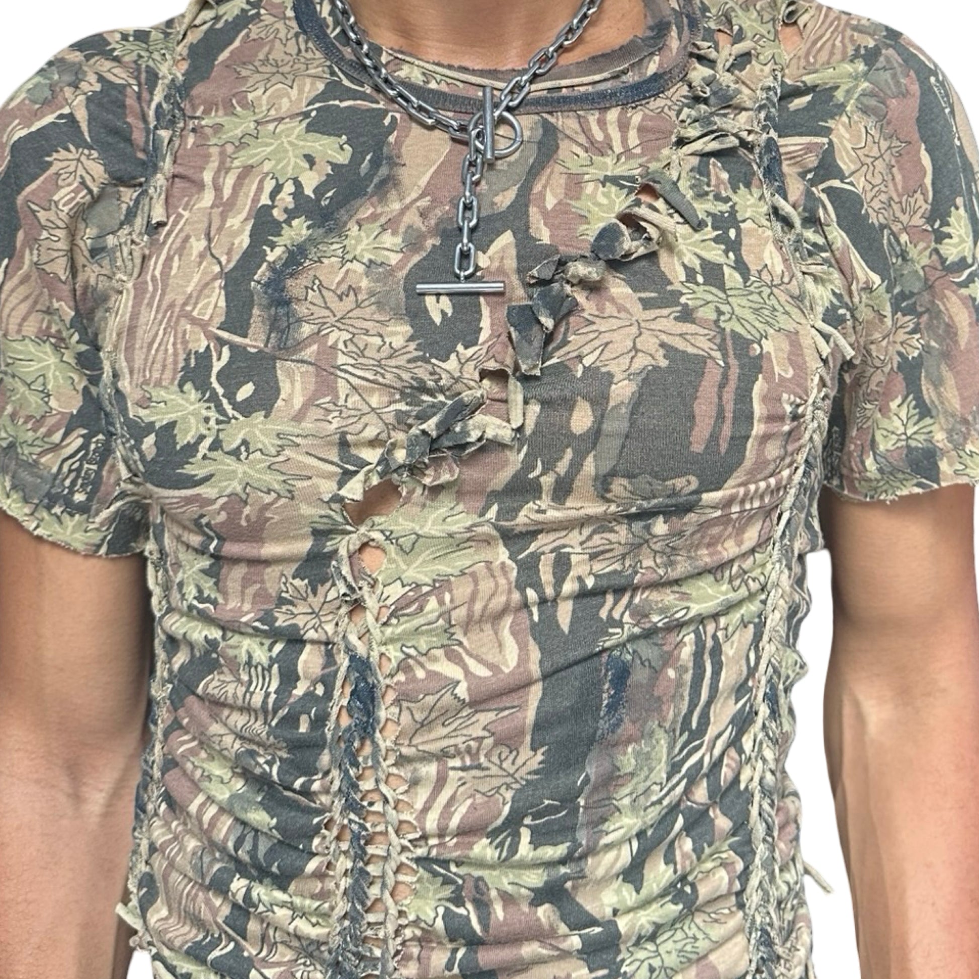 ASTROBOI* Tan Real Tree Camo Braided Twist T-Shirt – front detail 