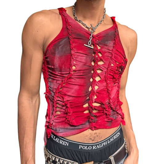 Red braided and knotted festival sleeveless tank top - front 