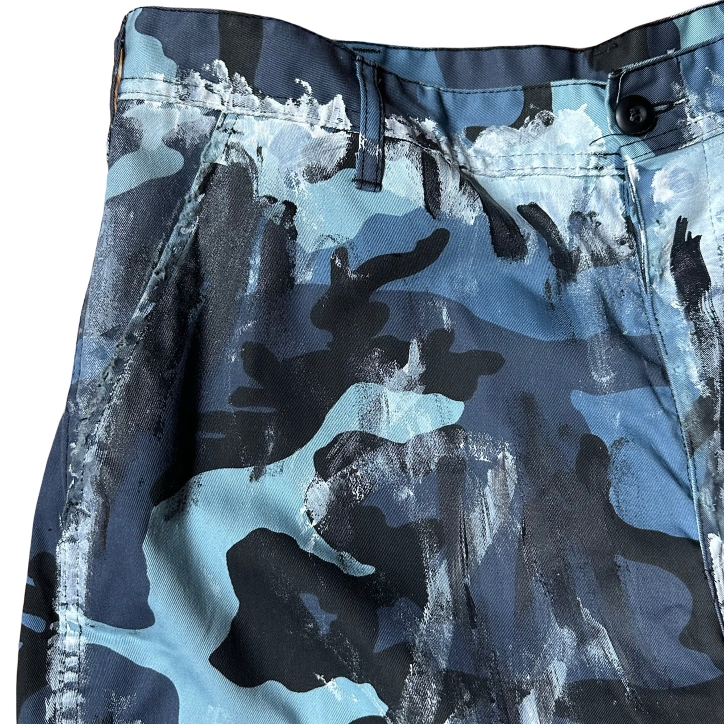 ASTROBOI* x ROTHCO Painted Blue Camouflage Utility Shorts - flat  front detail 