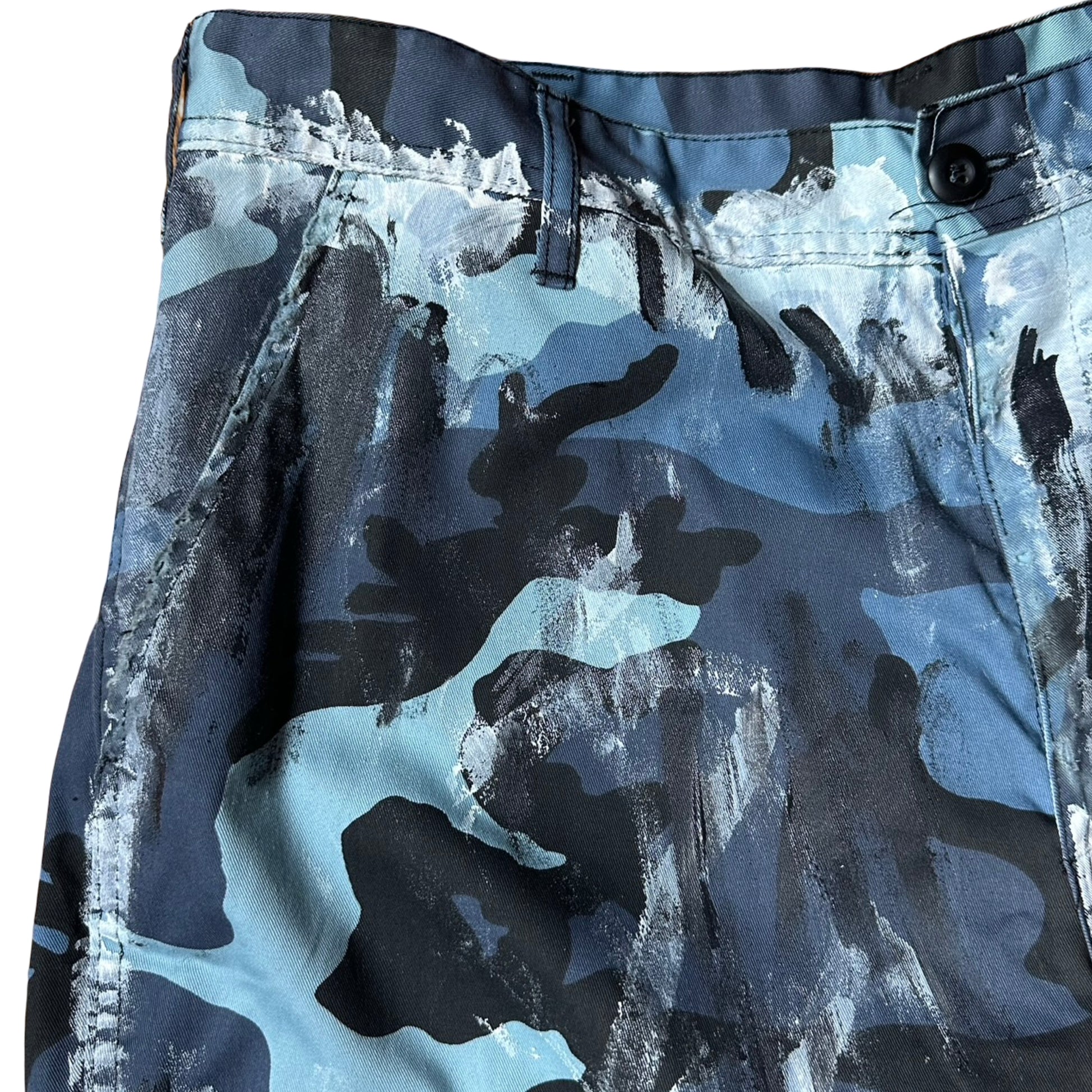 ASTROBOI* x ROTHCO Painted Blue Camouflage Utility Shorts - flat  front detail 