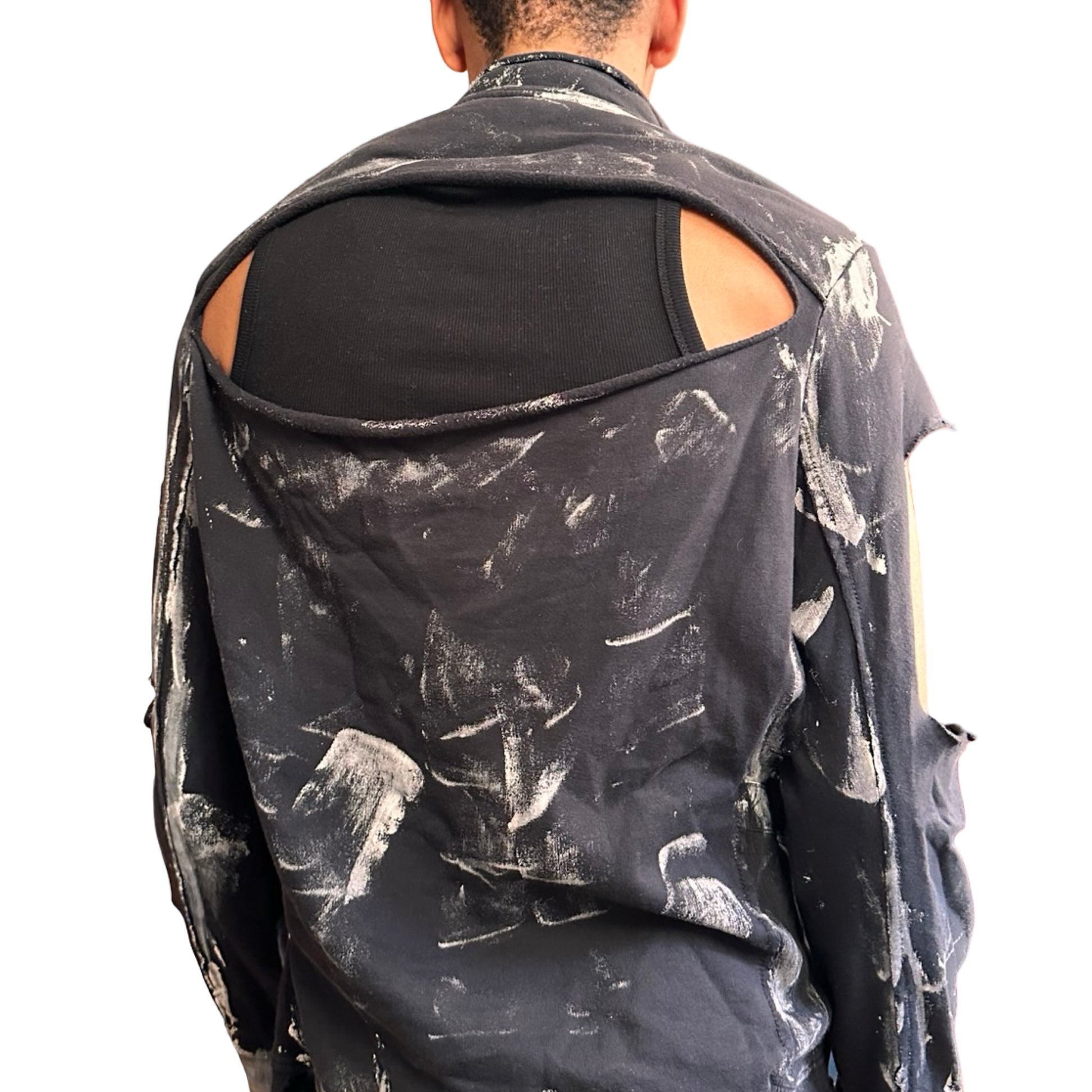 Back close up of ASTROBOI* navy & white deconstructed zip-up sweatshirt with cut outs and paint details. One-of-a-kind handmade NYC streetwear in XL.