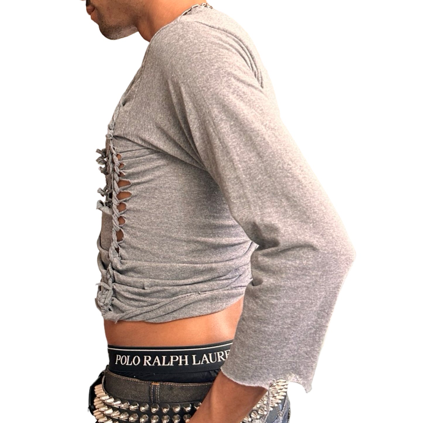 Left of ASTROBOI* x Gildan ‘Harness’ grey braided twist long sleeve shirt with tight body, loose sleeves, and hand-braided detailing. Custom NYC streetwear.