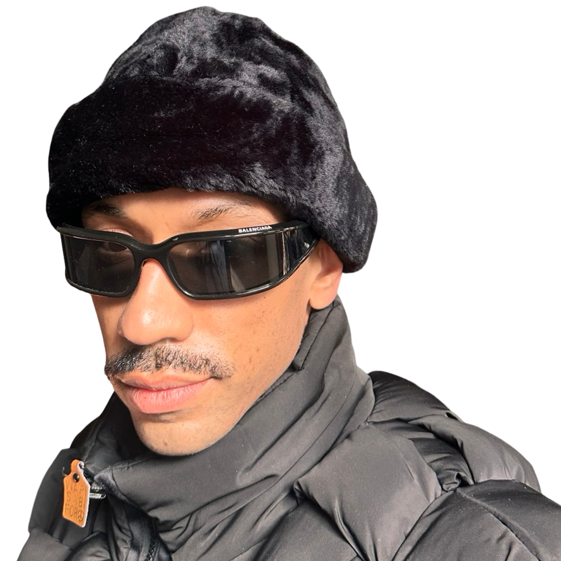 Front photo of Vintage black faux-fur winter hat with plush vegan fur and rounded silhouette, shown in great condition.