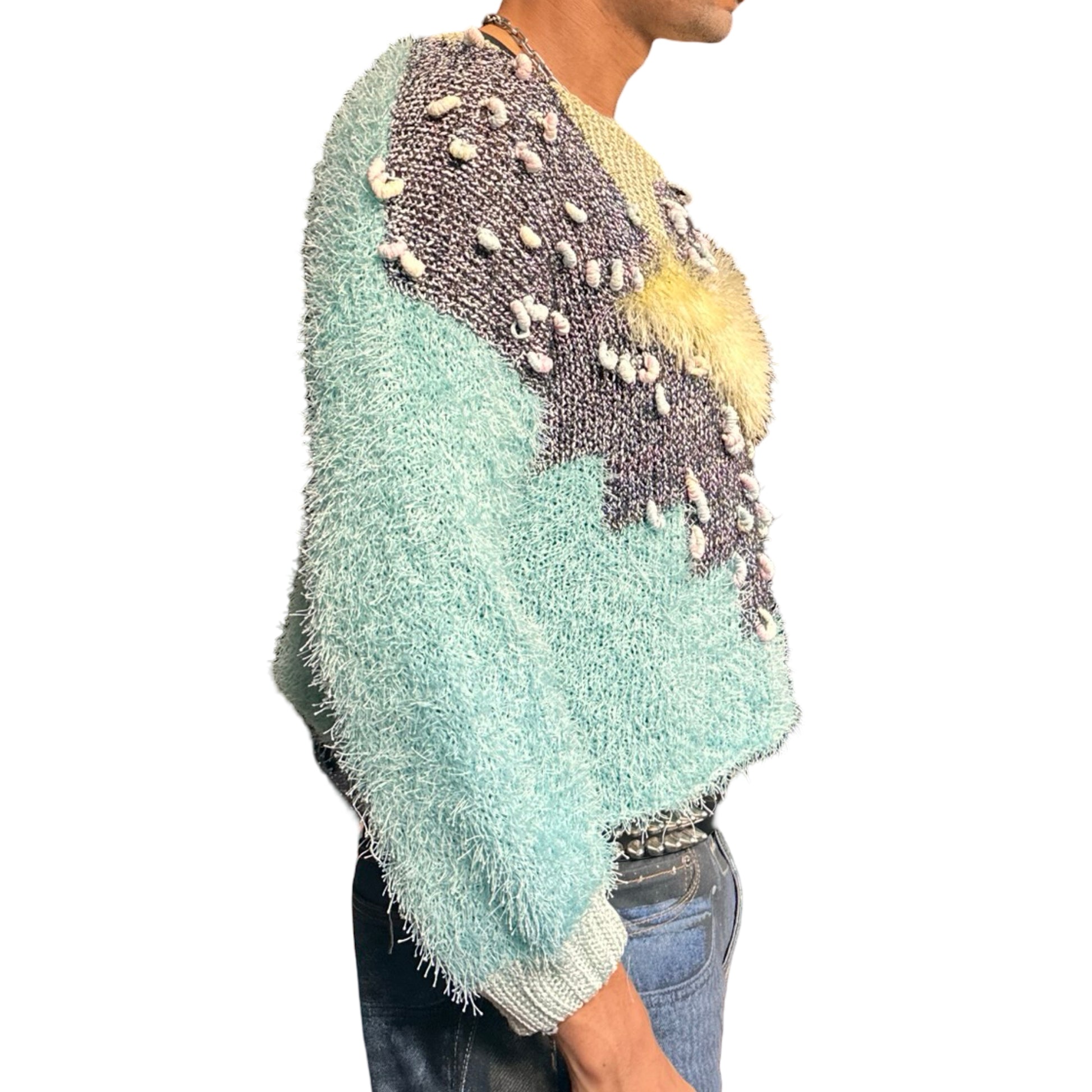 Vintage blue and yellow hand-knit granny sweater with crescent yarn accents and boxy cropped fit, size XL. Right 