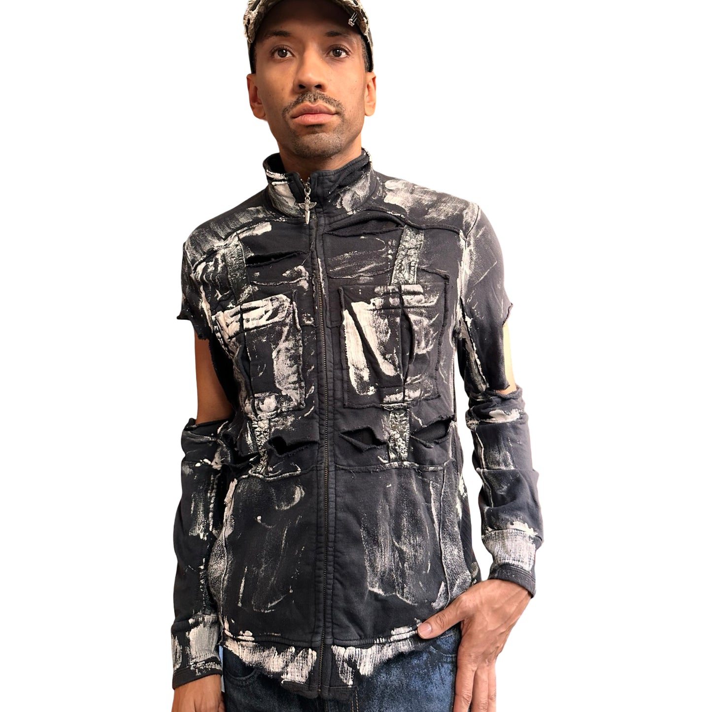 Front overview of ASTROBOI* navy & white deconstructed zip-up sweatshirt with cut outs and paint details. One-of-a-kind handmade NYC streetwear in XL.