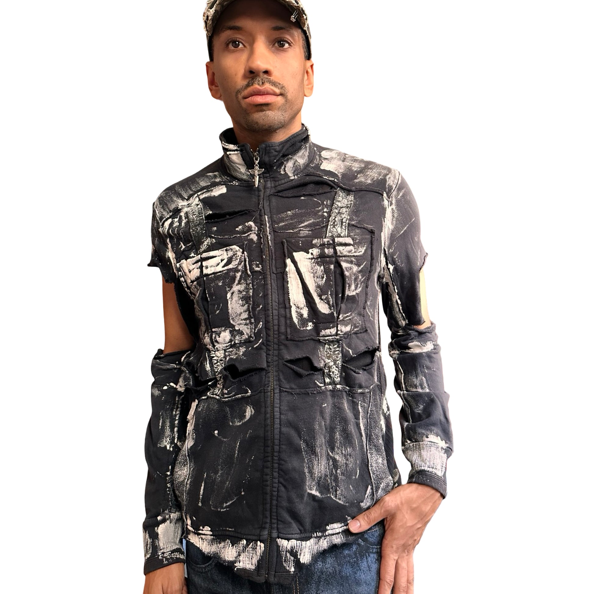 Front overview of ASTROBOI* navy & white deconstructed zip-up sweatshirt with cut outs and paint details. One-of-a-kind handmade NYC streetwear in XL.