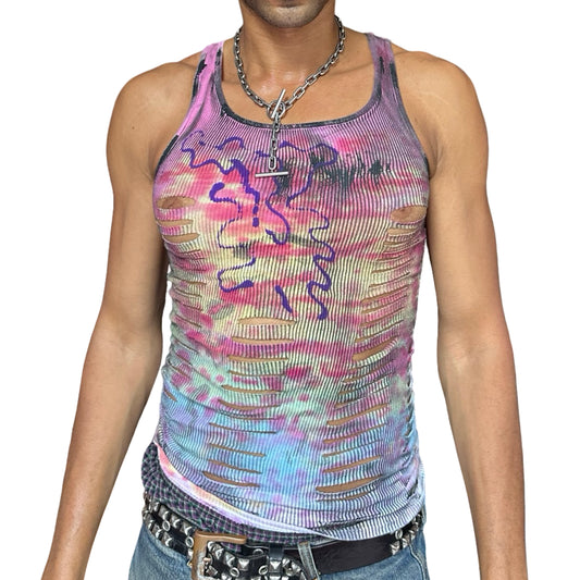 ASTROBOI* x Hanes 'Skies' Pink/Blue Tie Dye Print Tank Top - front 
