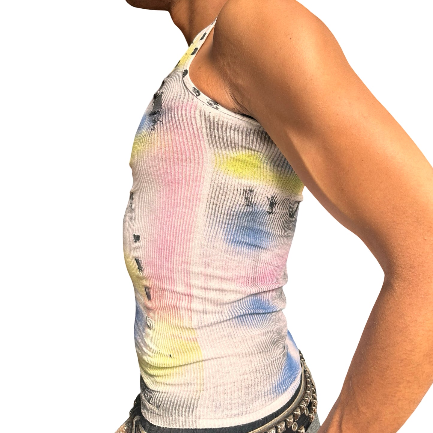 ASTROBOI x Hanes 'Lime Lite' White Ribbed Multicolored Graphic Tank Top –  left 