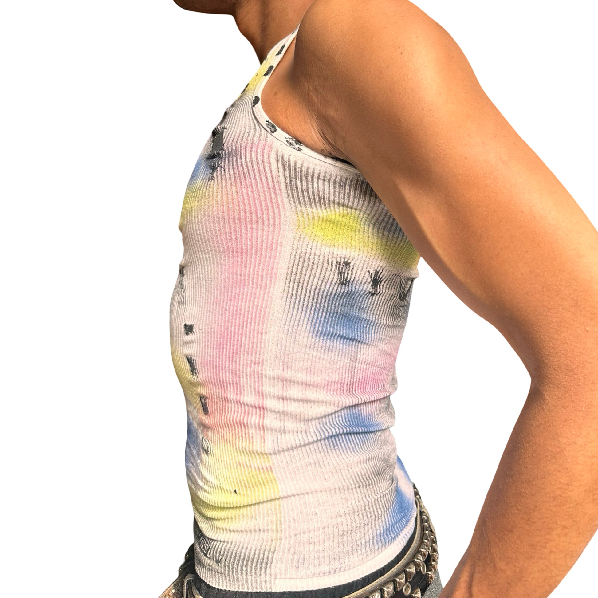 ASTROBOI x Hanes 'Lime Lite' White Ribbed Multicolored Graphic Tank Top –  left 