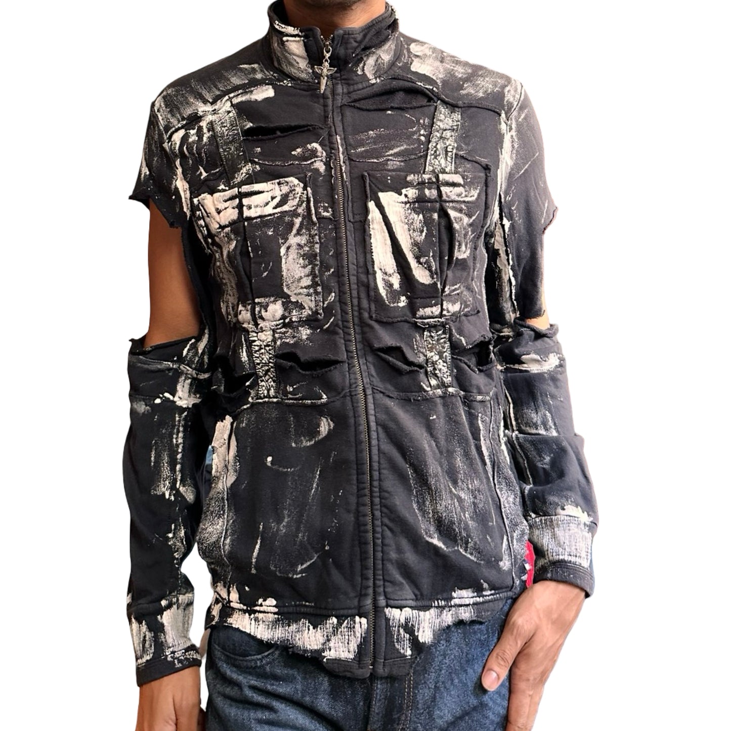 Front view of ASTROBOI* navy & white deconstructed zip-up sweatshirt with cut outs and paint details. One-of-a-kind handmade NYC streetwear in XL.