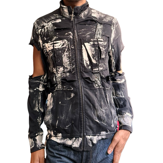 Front view of ASTROBOI* navy & white deconstructed zip-up sweatshirt with cut outs and paint details. One-of-a-kind handmade NYC streetwear in XL.