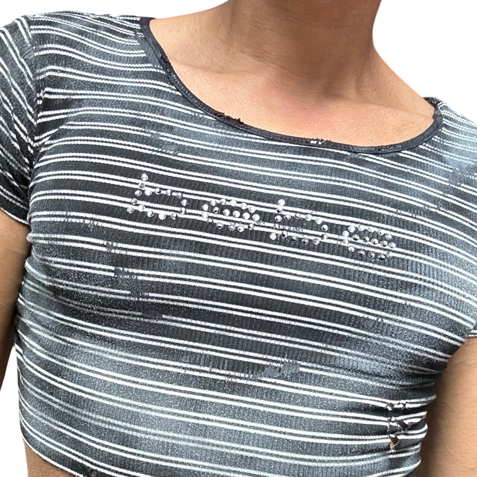 ASTROBOI* BEBE Black & White Striped Crop Top -  front detail 