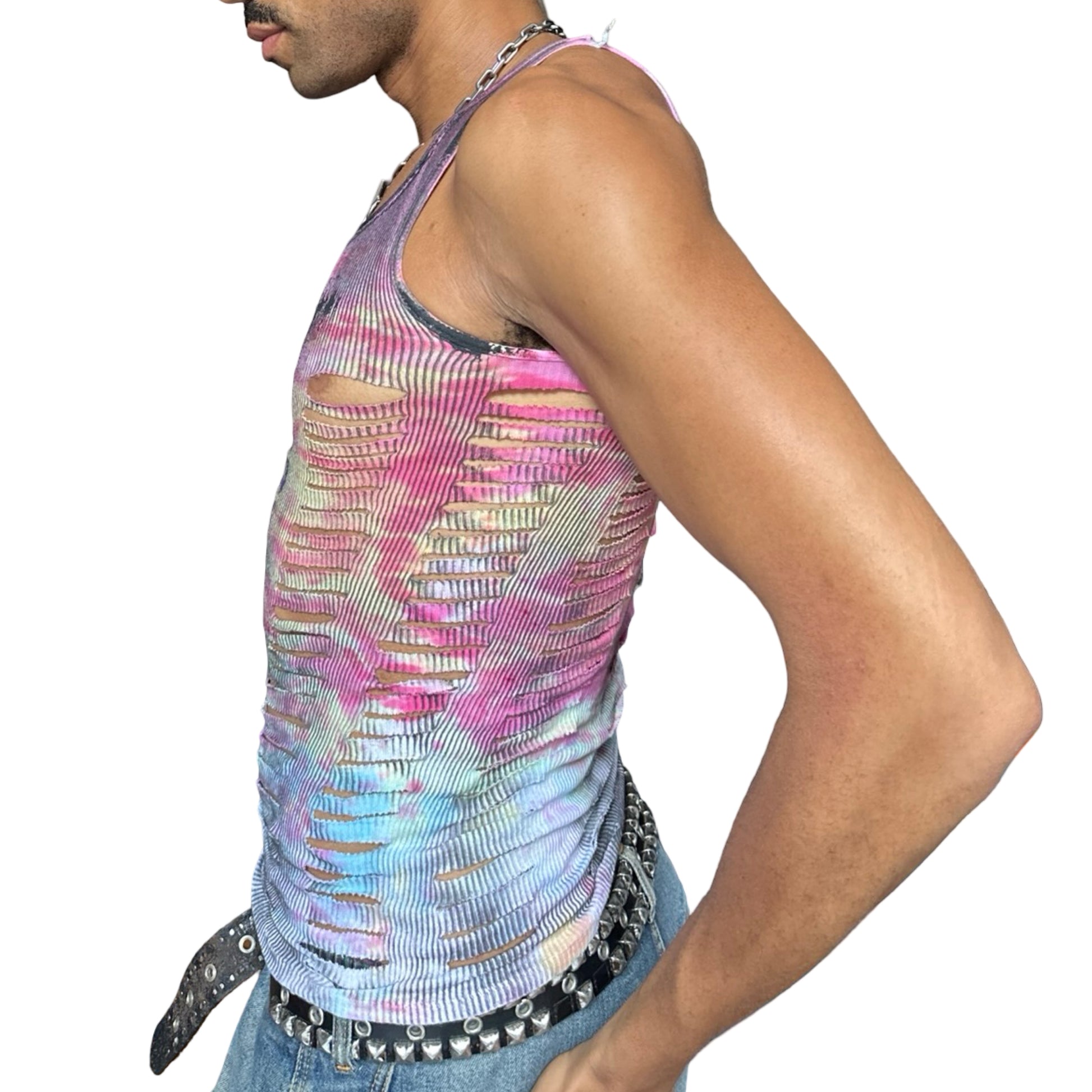 ASTROBOI* x Hanes 'Skies' Pink/Blue Tie Dye Print Tank Top - left