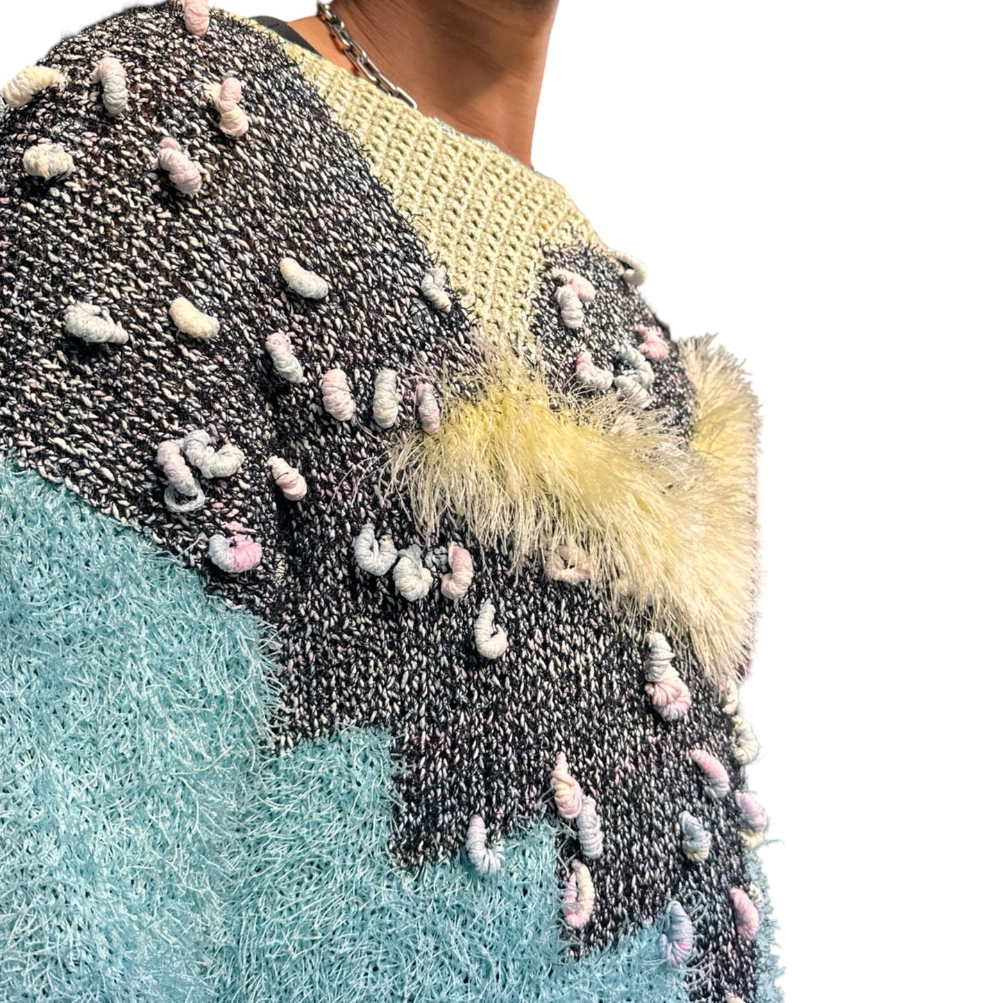 Vintage blue and yellow hand-knit granny sweater with crescent yarn accents and boxy cropped fit, size XL. close up detail 2