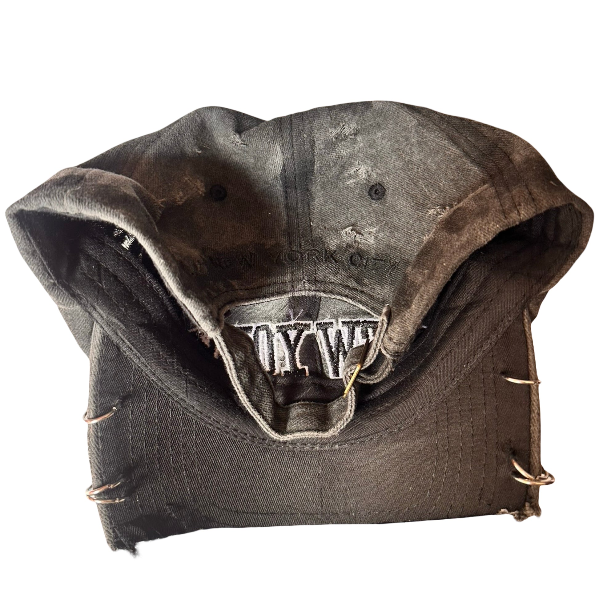 ASTROBOI* 'Octavius' New York Black Distressed Pierced Half Visor Hat -  flat back 