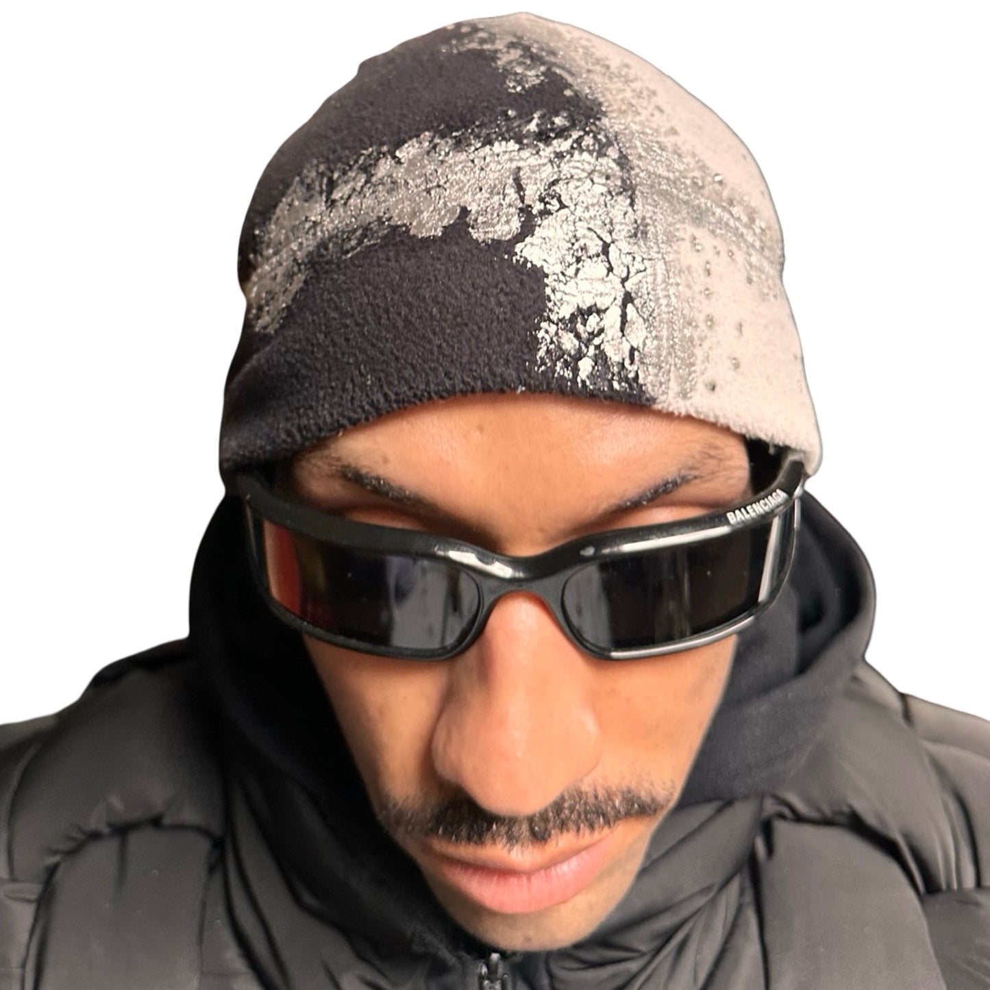 Front 2 of ASTROBOI* black and white fleece beanie with silver rhinestone paint and tonal rhinestones. Custom handmade winter hat from ASTROBOI* STUDIO in NYC.
