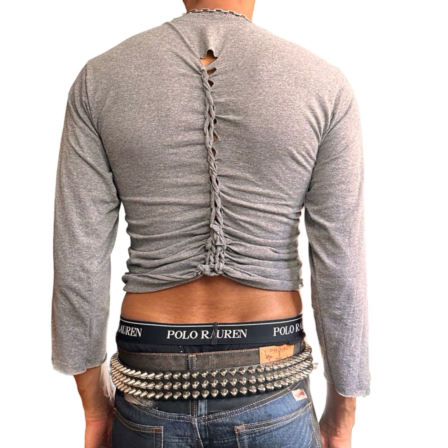 Back of ASTROBOI* x Gildan ‘Harness’ grey braided twist long sleeve shirt with tight body, loose sleeves, and hand-braided detailing. Custom NYC streetwear.