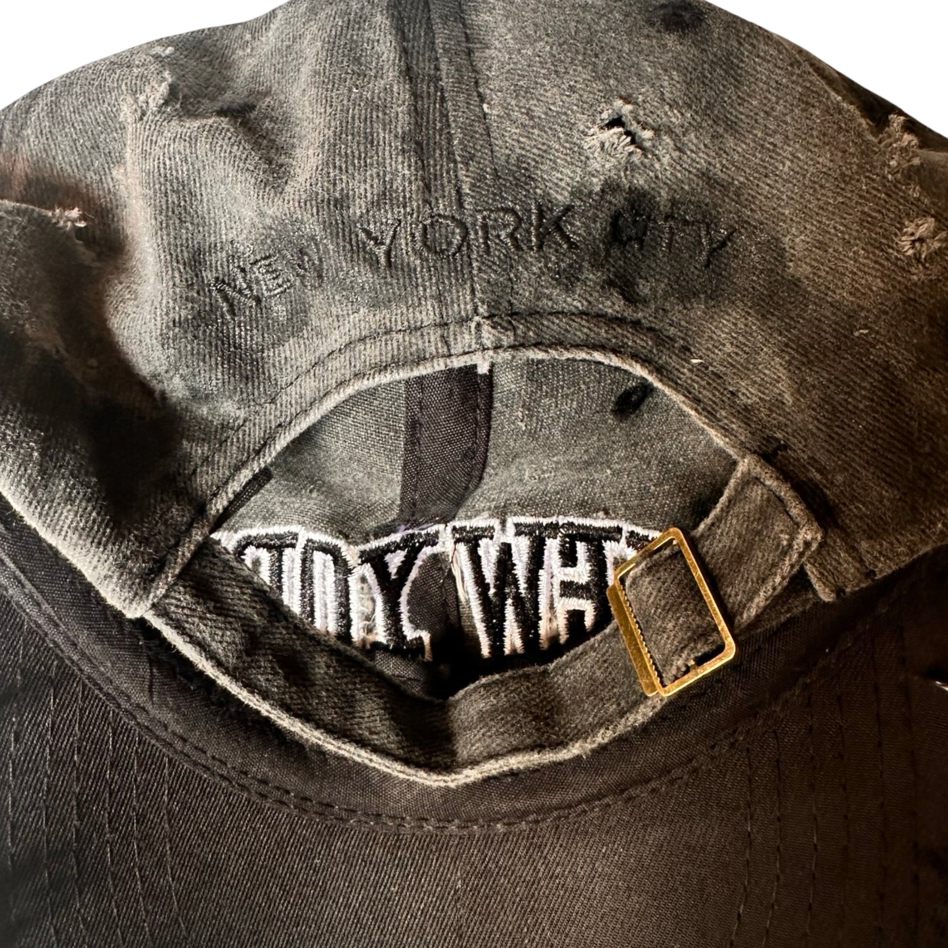 ASTROBOI* 'Octavius' New York Black Distressed Pierced Half Visor Hat -  flat back detail 