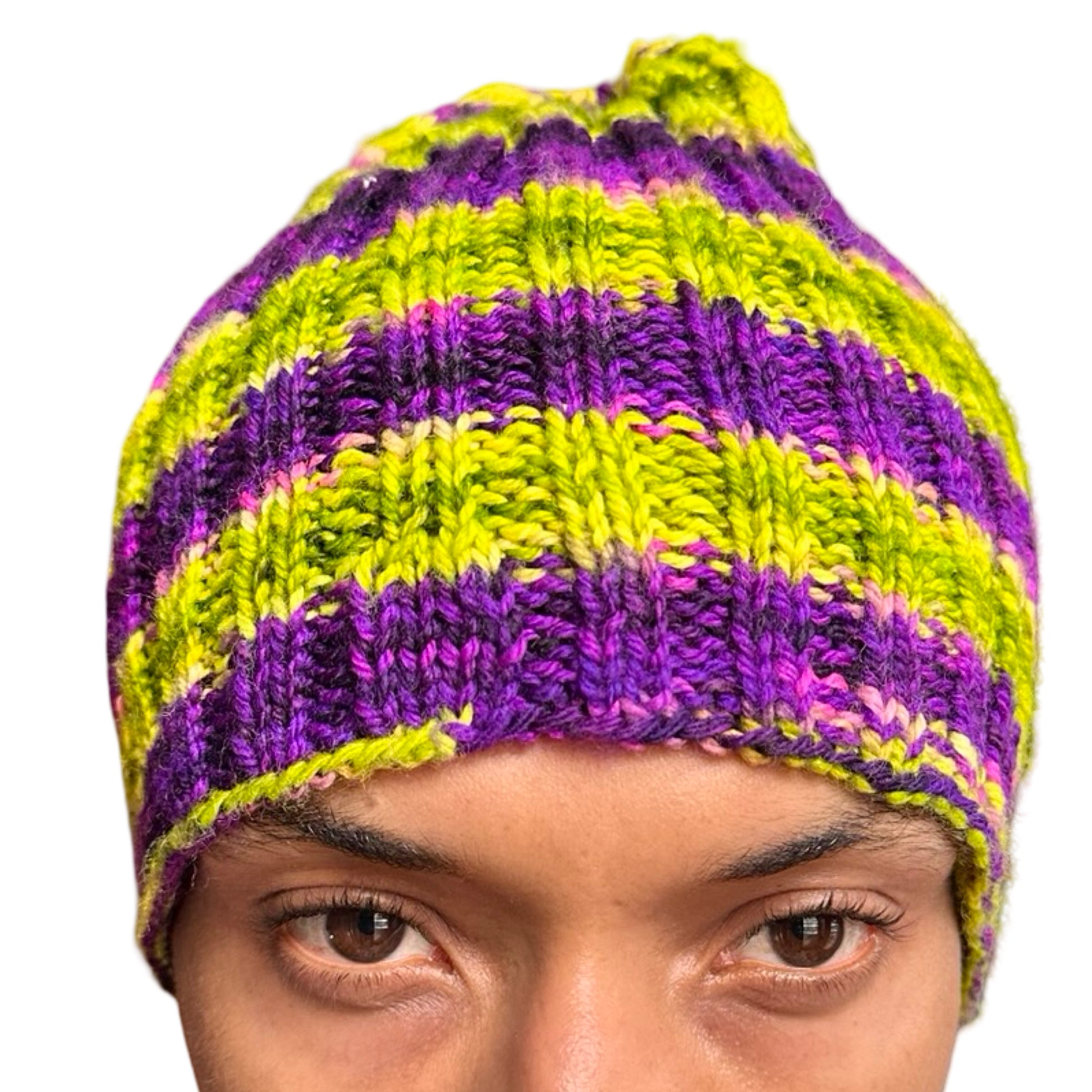 Close up of Vintage handknit purple and green striped beanie with ribbed acrylic knit and soft stretchy fit.