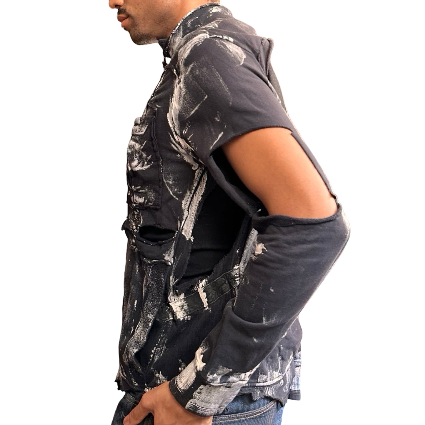 Left view of ASTROBOI* navy & white deconstructed zip-up sweatshirt with cut outs and paint details. One-of-a-kind handmade NYC streetwear in XL.