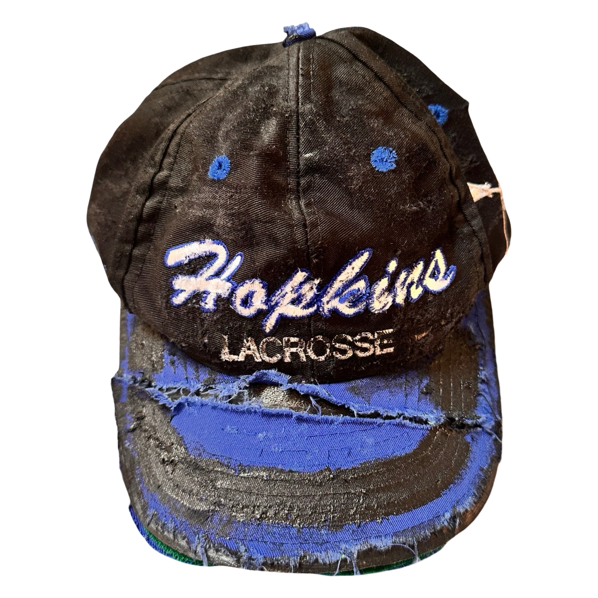 Flat front of Black distressed ASTROBOI* Hopkins Lacrosse cap with blue embroidery and custom black paint treatment, snapback style, handcrafted in NYC.