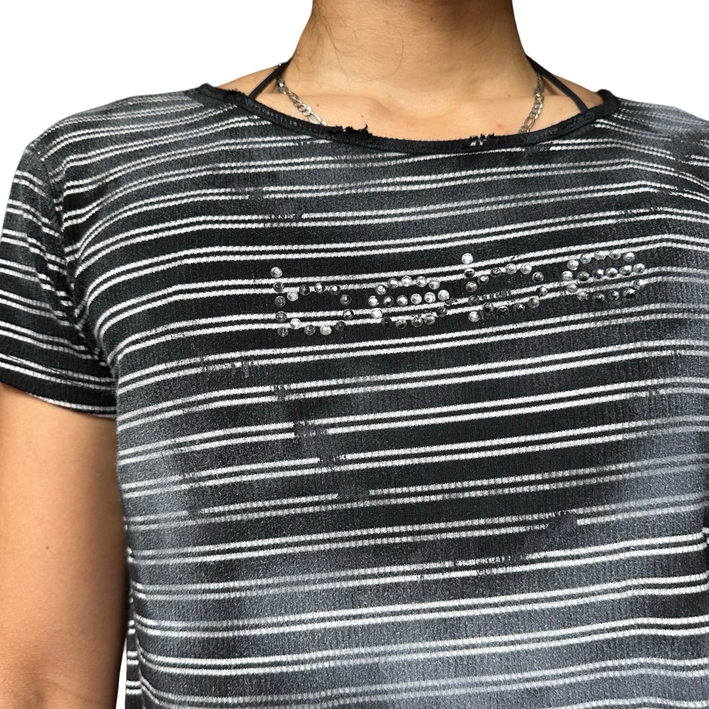 ASTROBOI* BEBE Black & White Striped Crop Top -  front her detail 