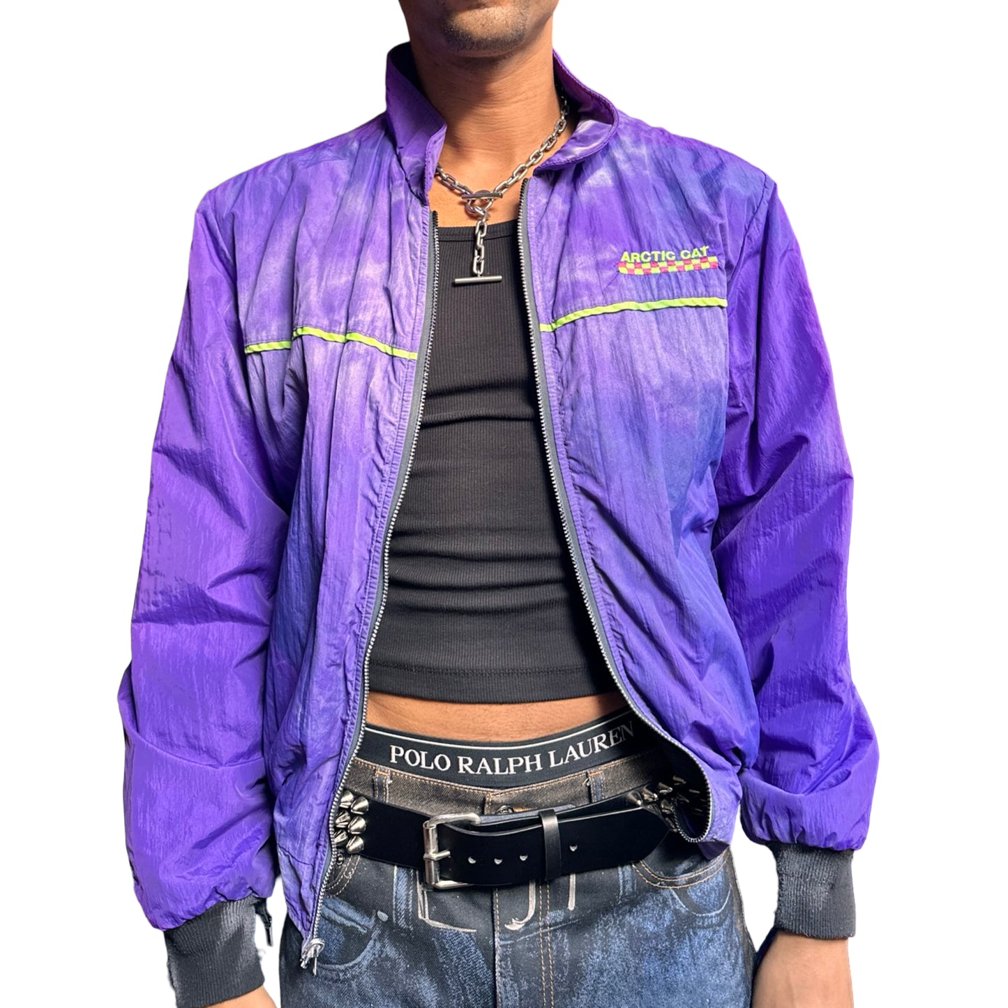 Purple Arctic Cat nylon bomber jacket with green piping, embroidered logo, and custom ASTROBOI* paint design, size XL. Jacket open 