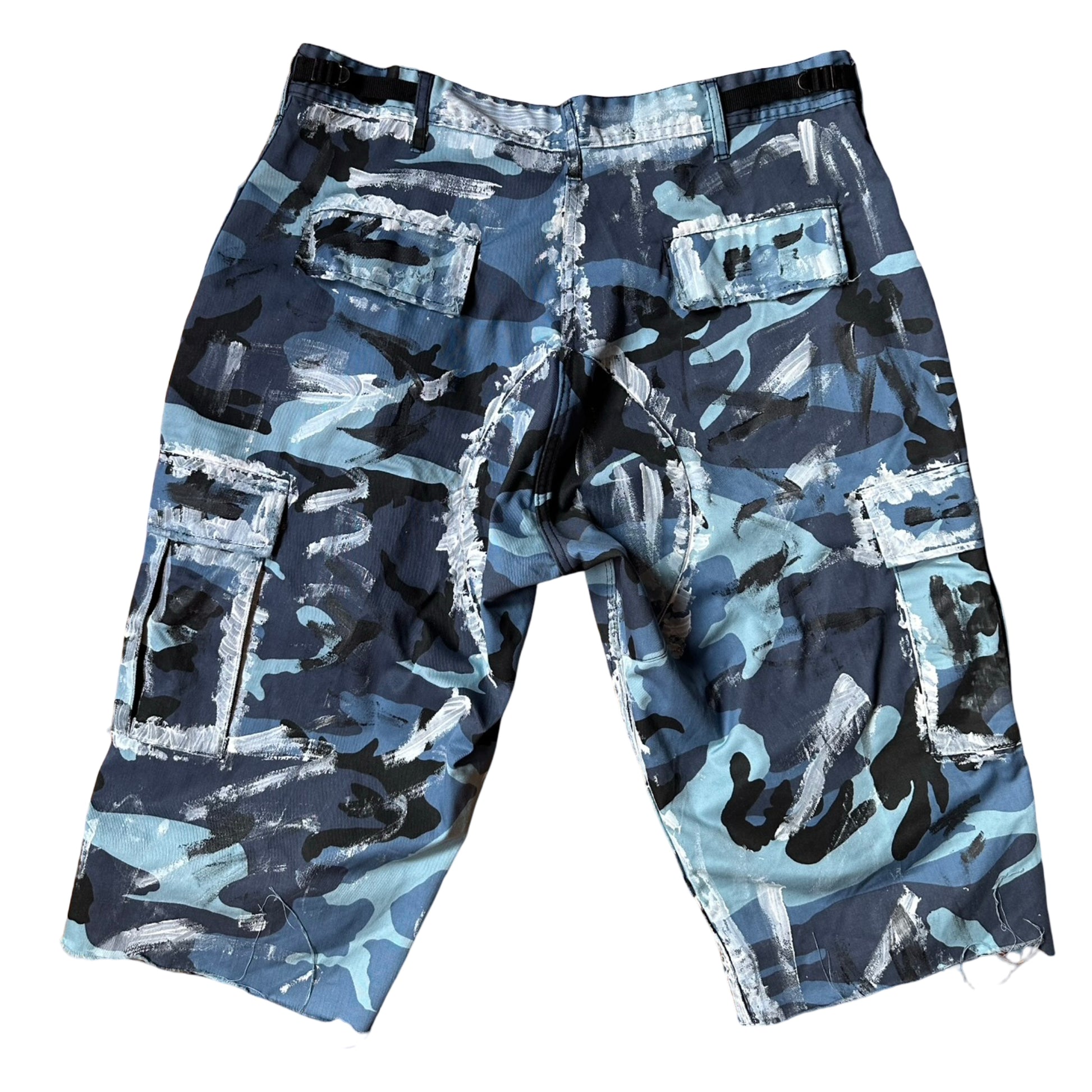 ASTROBOI* x ROTHCO Painted Blue Camouflage Utility Shorts - flat back 