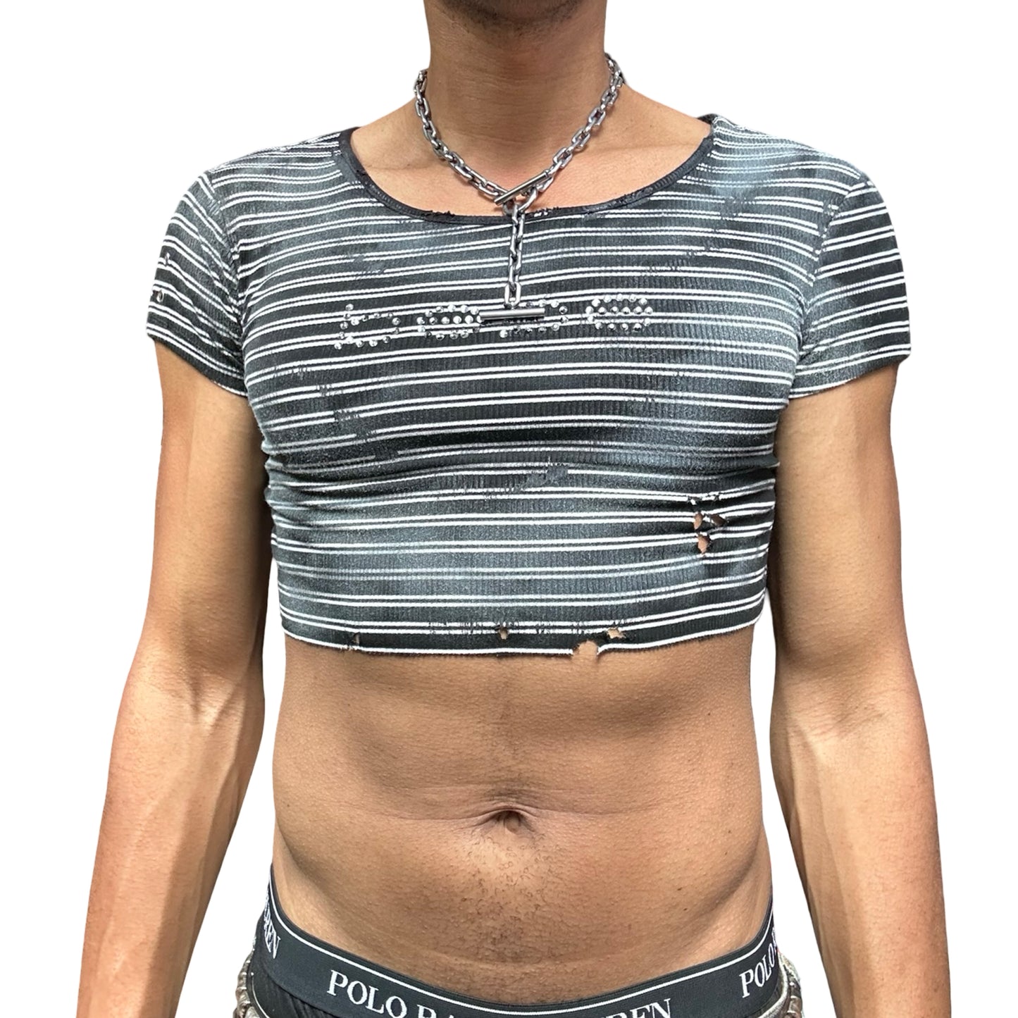 ASTROBOI* BEBE Black & White Striped Crop Top - front 