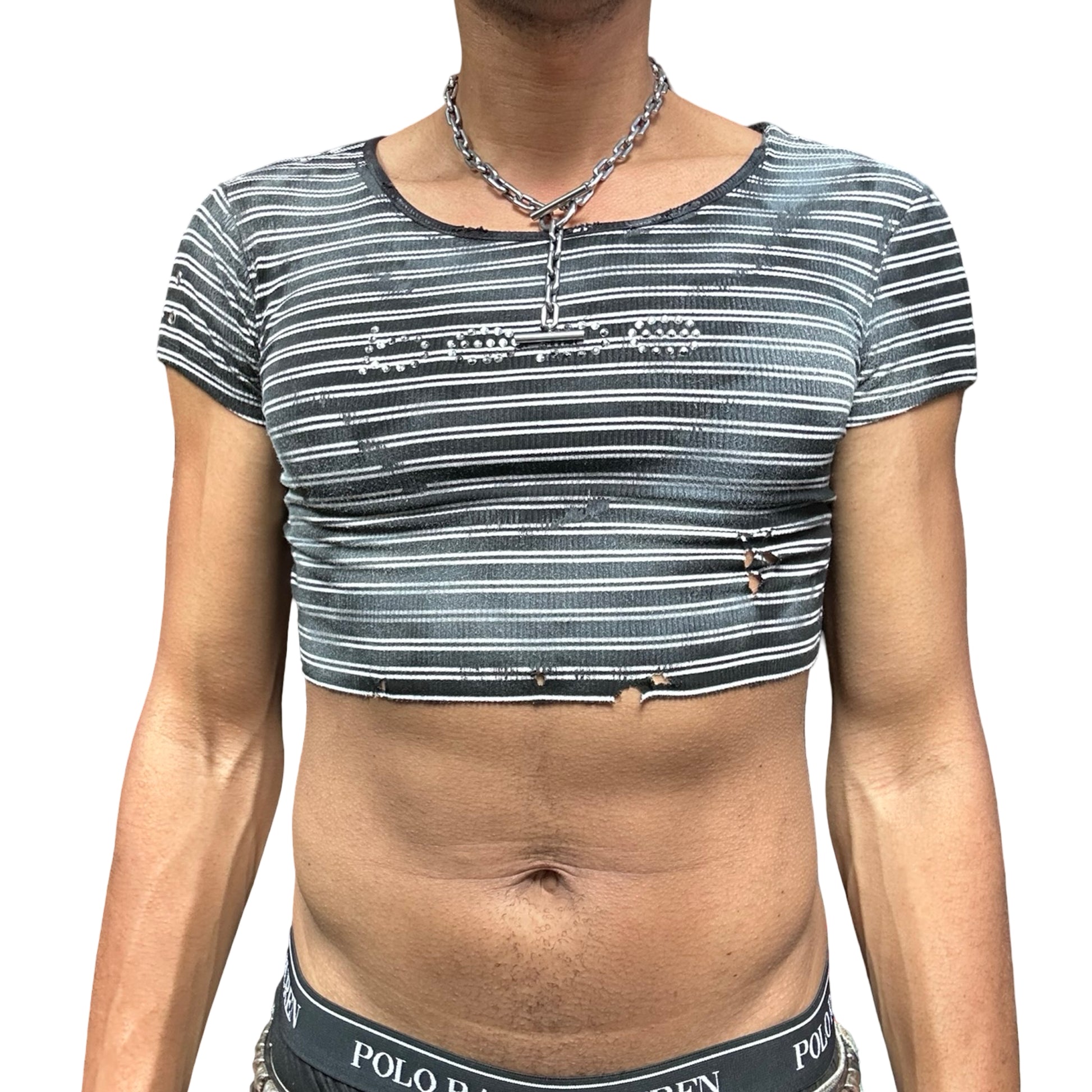 ASTROBOI* BEBE Black & White Striped Crop Top - front 