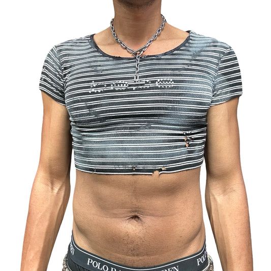 ASTROBOI* BEBE Black & White Striped Crop Top - front 