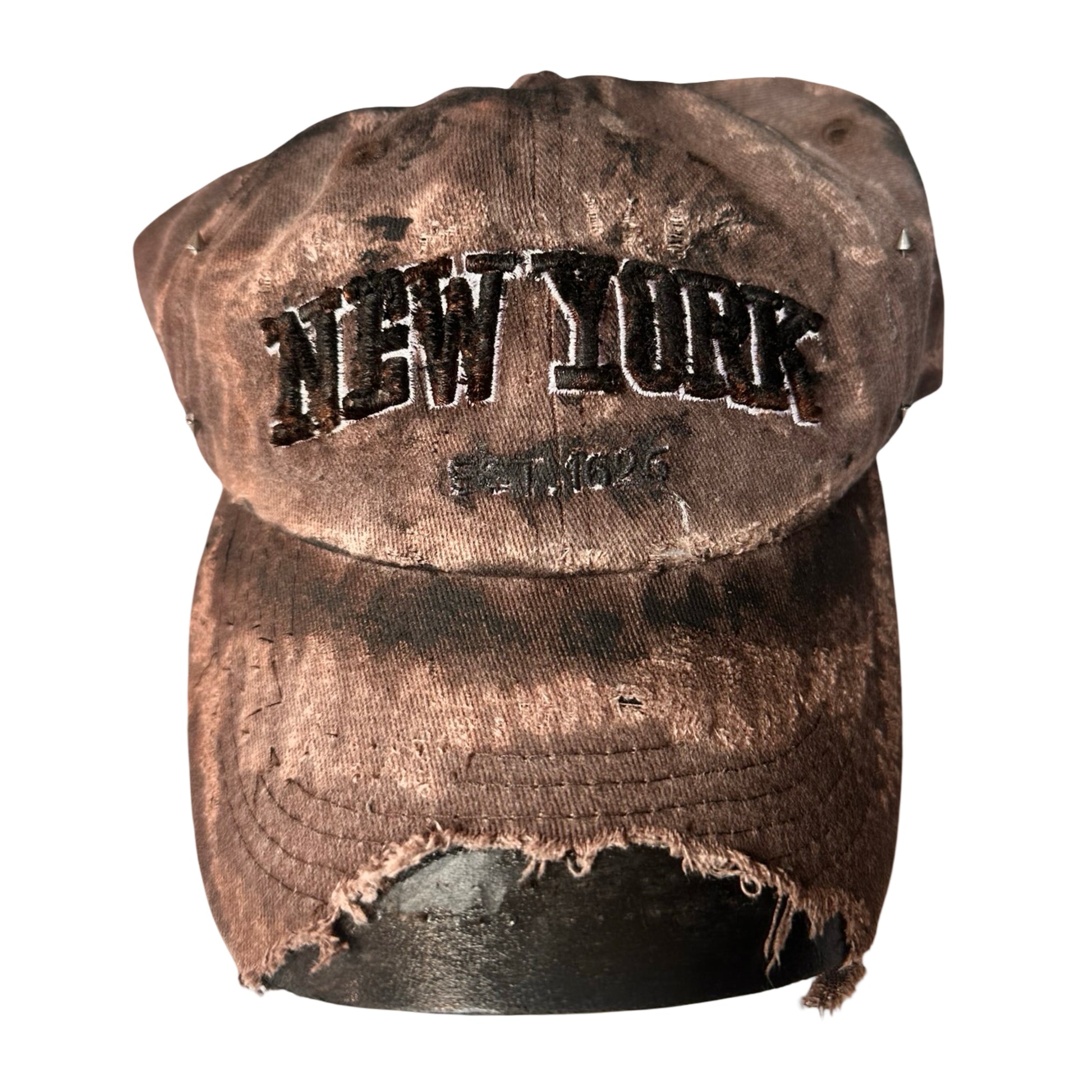 ASTROBOI* NEW YORK 'Soil' Brown & Black Distressed Pierced Hat - flat 