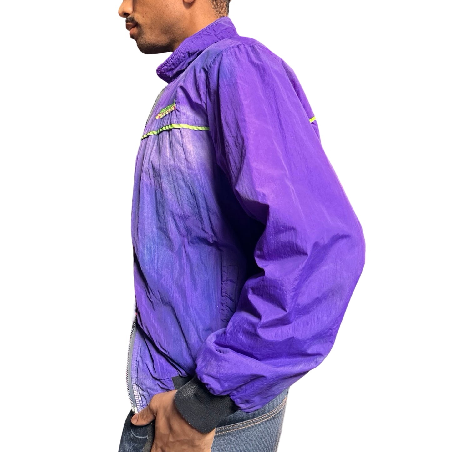 Purple Arctic Cat nylon bomber jacket with green piping, embroidered logo, and custom ASTROBOI* paint design, size XL. left