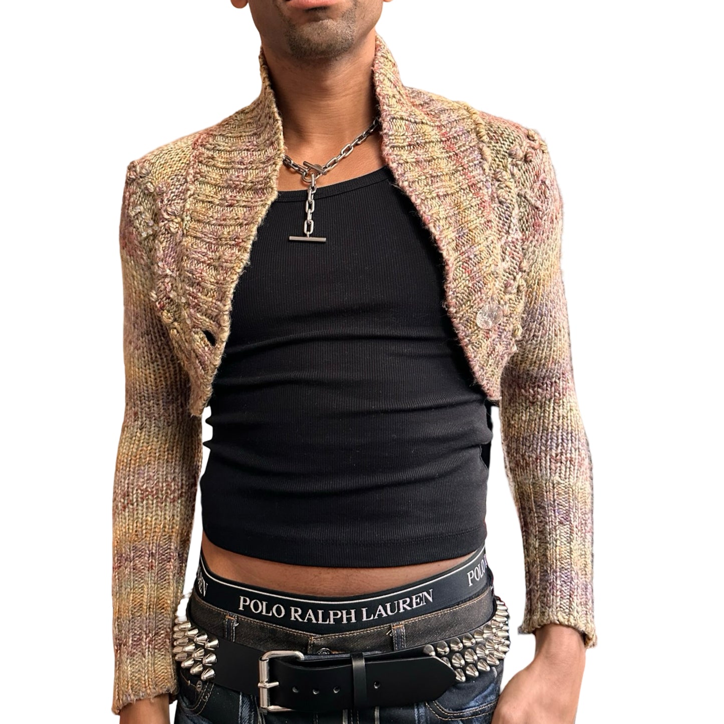 Vintage DKNY tan speckled cropped cable knit sweater with sequins and crystal button closure, women’s medium. front overview 